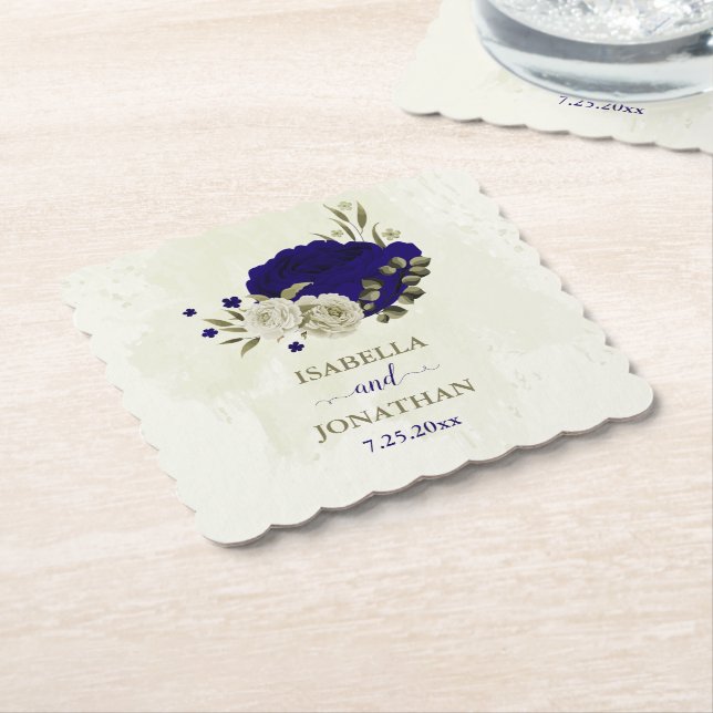 Royal blue beige blommigt bröllop underlägg papper (Vinklad)