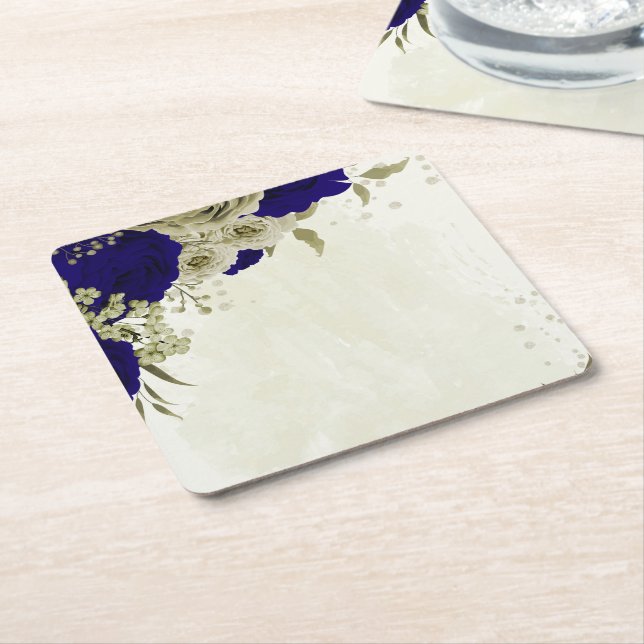 Royal blue beige blommigt bröllop underlägg papper kvadrat (Vinklad)