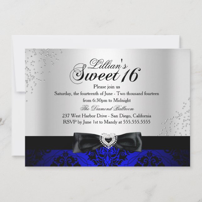Royal Blue Black Damask Glitter Sweet 16 Inbjudan (Framsida)