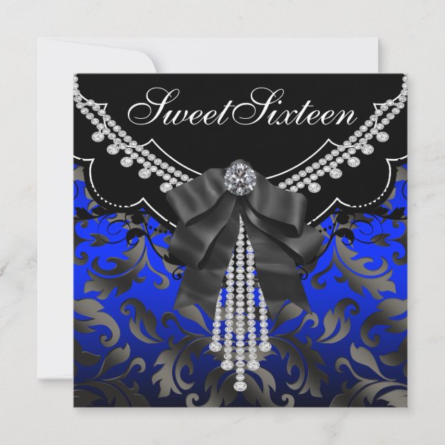 Royal Blue Black Damask Sweet sixteen Birthday Par Inbjudningar (Framsida)