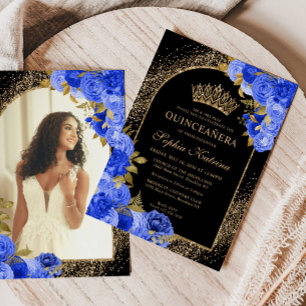 Royal Blue Black Guld Blommigt Photo Quinceanera Inbjudningar