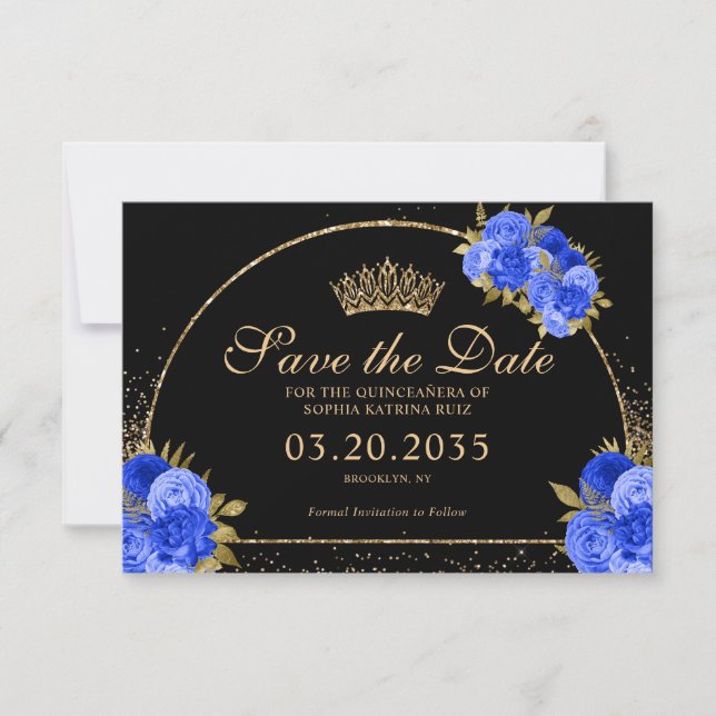 Royal Blue Black Guld Glitter Blommigt Quinceanera Spara Datumet (Framsida)