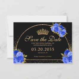 Royal Blue Black Guld Glitter Blommigt Quinceanera Spara Datumet