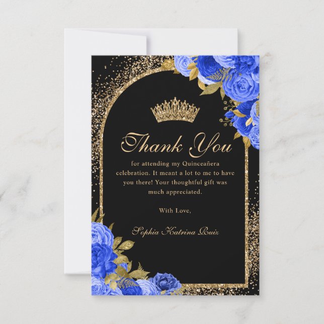 Royal Blue Black Guld Glitter Blommigt Quinceanera Tack Kort (Framsida)