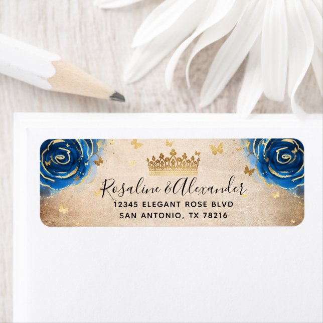 Royal Blue Black och Guld Krona Returadress Returadress Etikett (Insitu)