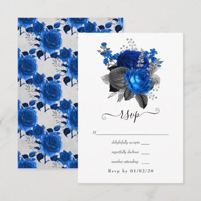 Royal Blue, Black och Silver Blommigt Bröllop OSA Kort (Fram/baksida)