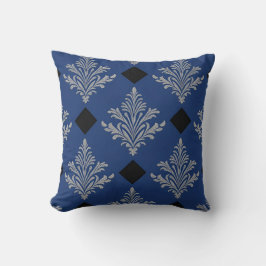 Royal Blue, Black och Silver Damask Stil Kudde
