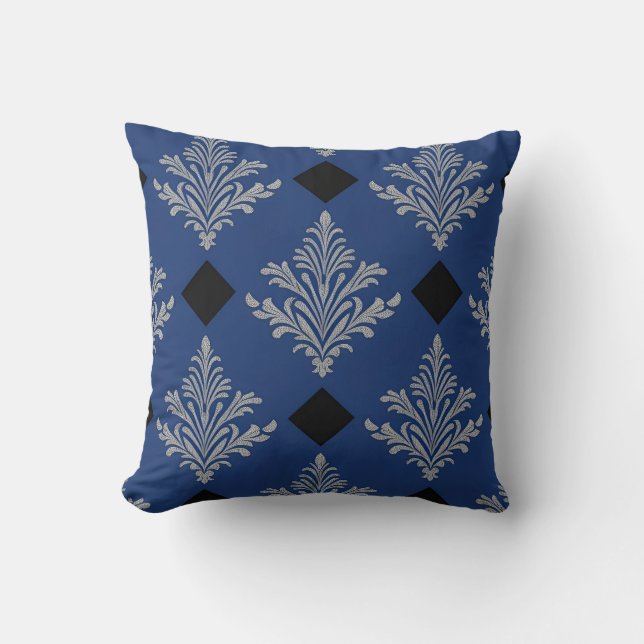 Royal Blue, Black och Silver Damask Stil Kudde (Framsida)