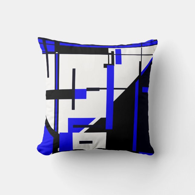 Royal Blue, Black on White Geometric Abstrakt Art Kudde (Framsida)