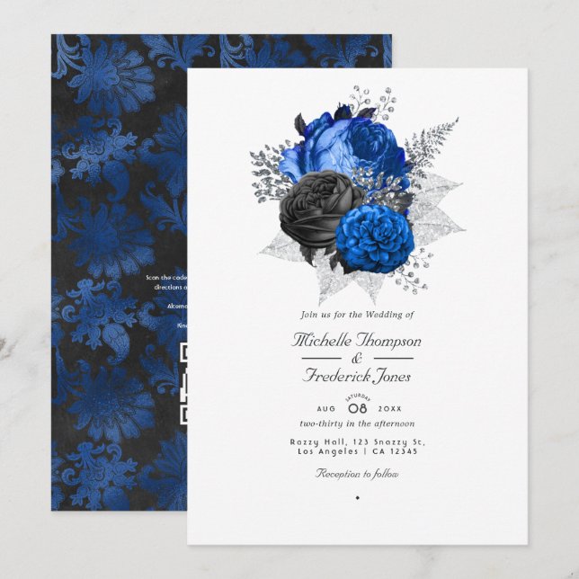 Royal Blue, Black & Silver Blommig QR-kod Bröllop Inbjudningar (Fram/baksida)