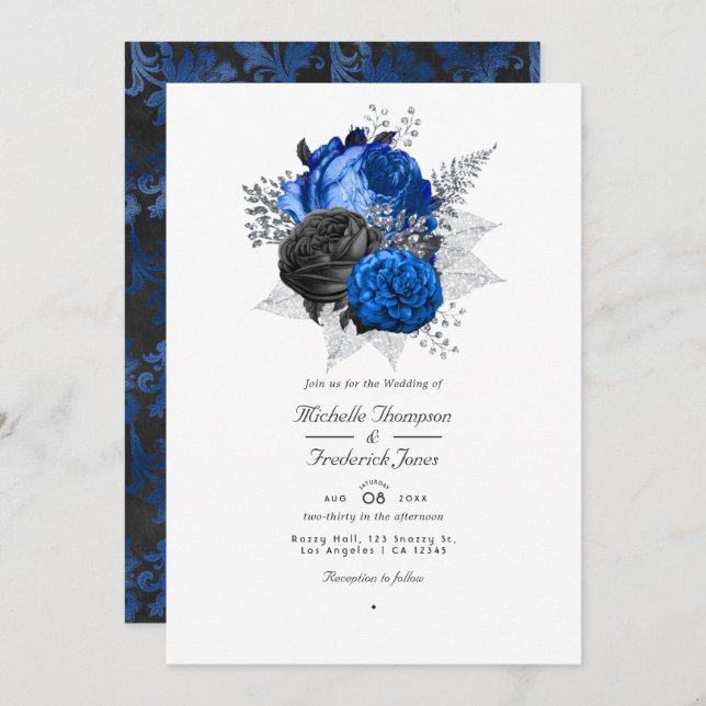 Royal Blue, Black & Silver Blommigt QR-kod Bröllop Inbjudningar (Fram/baksida)