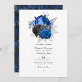Royal Blue, Black & Silver Blommigt QR-kod Bröllop Inbjudningar