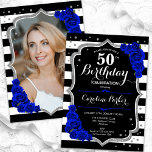Royal Blue Black Silver Photo 50:e födelsedagen Inbjudningar<br><div class="desc">Femininininbjudan till elegantens blommigt på 50 års födelsedag med ditt foto på baksidan av kortet. Glam svartvit royal blå design med faux glitter silver. Innehåller svart och vitt rand, sapphire blue ro, script font och confietti. Perfekt för en snyggt vuxen under firande party. Anpassa med dina egna detaljer. Kan anpassas...</div>