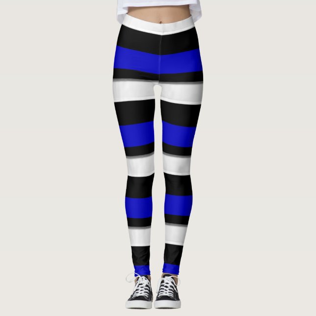 Royal Blue Black & Silver vågrätt strimlad Leggings (Framsida)
