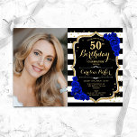 Royal Blue Black White Rand Photo 50:e födelsedage Inbjudningar<br><div class="desc">Femininininbjudan till elegantens blommigt på 50 år med ditt foto. Glam svartvit royal blå design med faux glitter guld. Innehåller svart och vitt rand, sapphire blue ro, script font och confietti. Perfekt för en snyggt vuxen under firande party. Anpassa med dina egna detaljer. Kan anpassas för vilken ålder som helst!...</div>