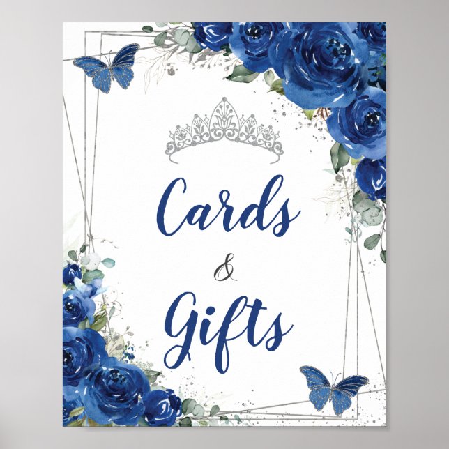 Royal Blue Blommig Fjäril Quinceañera Presentkort Poster (Framsidan)