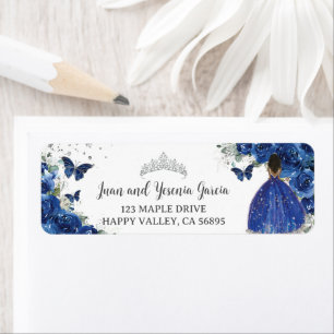 Royal Blue Blommig Quinceanera 16 Returadress Etikett