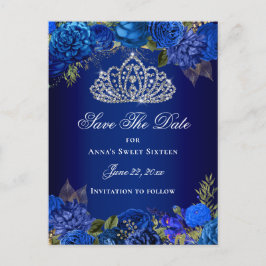 Royal Blue Blommig Sweet Sixteen Spara Datum Vykort