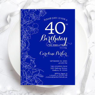 Royal Blue Blommigt 40:e födelsedagen Party Inbjudningar