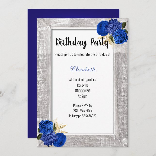 Royal BLUE BLOMMIGT BIRTHDAY RUSTIC RAM BLUE Inbjudningar (Fram/baksida)
