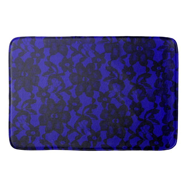 Royal Blue Blommigt Black Snöre Bath Mat Badrumsmatta (Framsidan)