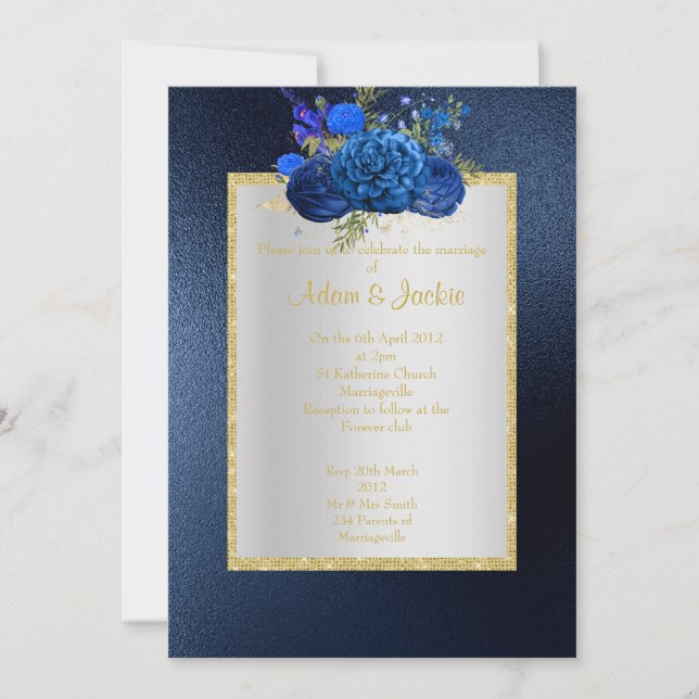 ROYAL BLUE Blommigt bouquet ELEGANT CLASSY BRÖLLOP Inbjudningar (Framsida)
