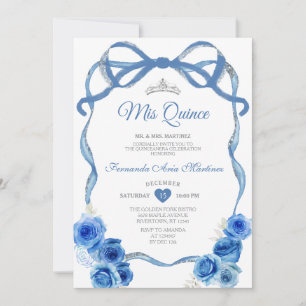 Royal Blue Blommigt Bow Ribbon Silver Mis Quince Inbjudningar