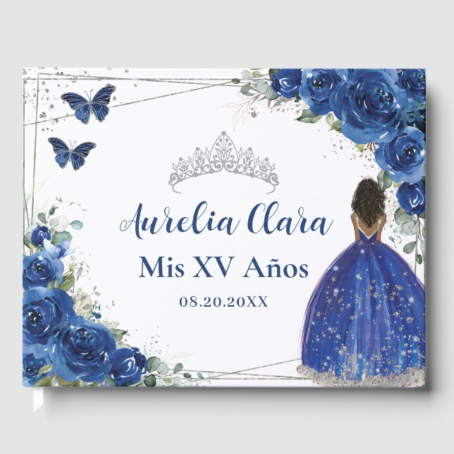 Royal Blue Blommigt Brown Princess QUINCEAÑERA XV Gästböcker (Framsida)