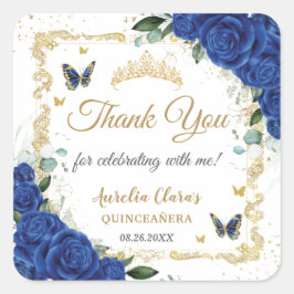 Royal Blue Blommigt Butterflies Guld Quinceañera 1 Fyrkantigt Klistermärke