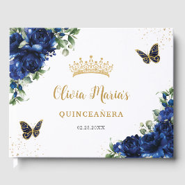 Royal Blue Blommigt Butterflies Guld Quinceanera Gästböcker