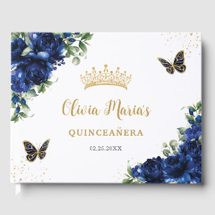Royal Blue Blommigt Butterflies Guld Quinceanera Gästböcker