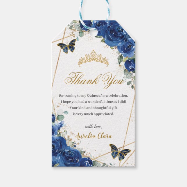 Royal Blue Blommigt Butterflies Quinceañera Birthd Presentetikett (Framsidan)