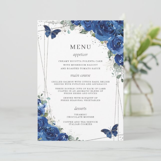 Royal Blue Blommigt Butterflies Quinceanera Menu Program (Stående Fram)