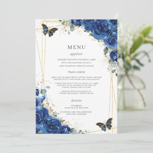 Royal Blue Blommigt Butterflies Quinceanera Menu Program (Stående Fram)