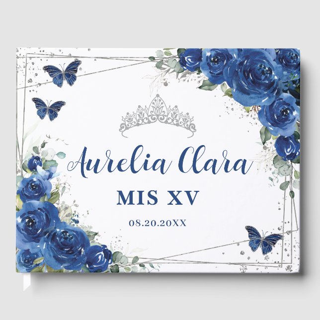 Royal Blue Blommigt Butterflies QUINCEAÑERA Mis XV Gästböcker (Framsida)
