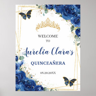 Royal Blue Blommigt Butterflies Quinceanera Välkom Poster