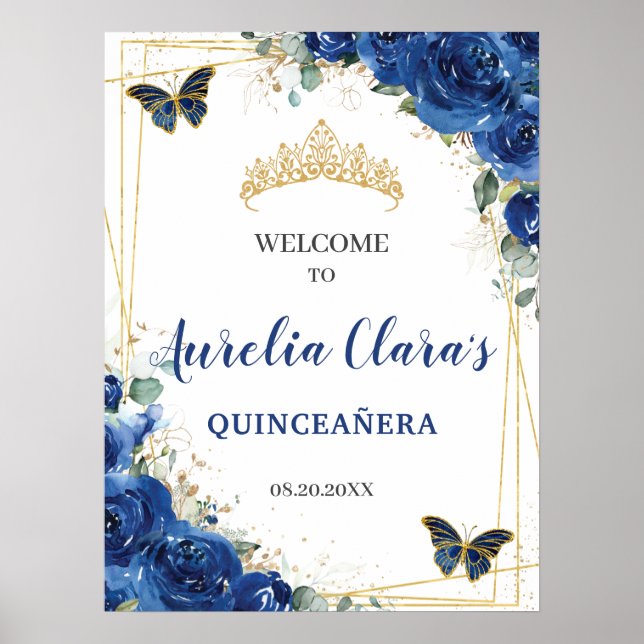 Royal Blue Blommigt Butterflies Quinceanera Välkom Poster (Framsidan)