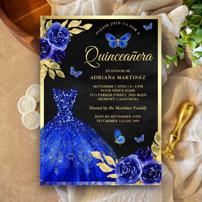 Royal Blue Blommigt Butterfly Black Guld Quinceane Inbjudningar (Skapare uppladdad)
