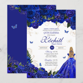 Royal Blue Blommigt Butterfly Elegant Quinceañera Inbjudningar