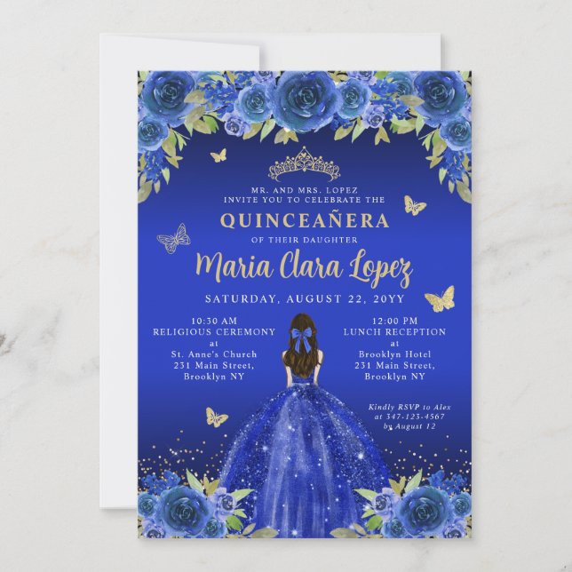 Royal Blue Blommigt Butterfly Princess Quinceanera Inbjudningar (Framsida)