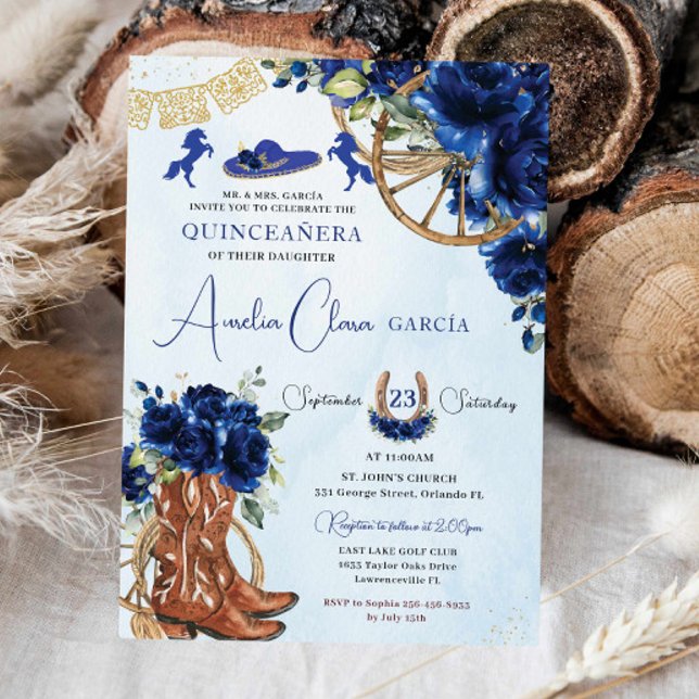Royal Blue Blommigt Charro Cowgirl Quinceanera XV  Inbjudningar (Skapare uppladdad)
