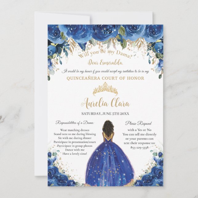 Royal Blue Blommigt Dama Request Guld Quinceañera  Inbjudningar (Framsida)