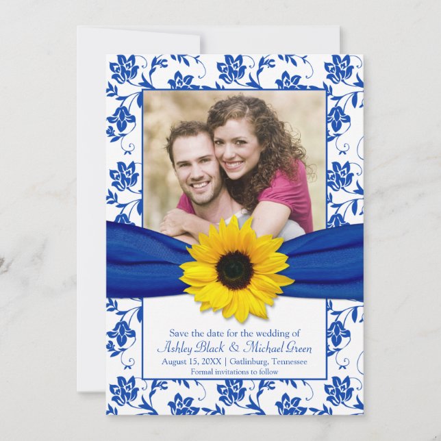 Royal Blue Blommigt Damask Solros Spara datum Spara Datumet (Framsida)