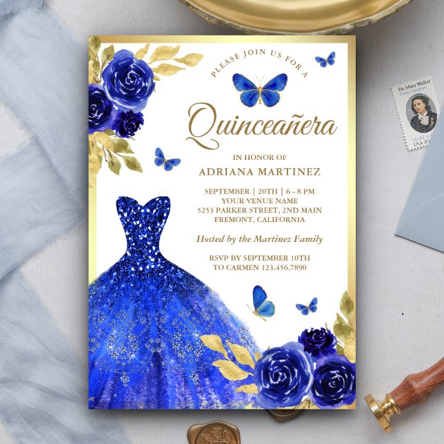 Royal Blue Blommigt Dress Butterfly Guld Quinceane Inbjudningar (Skapare uppladdad)