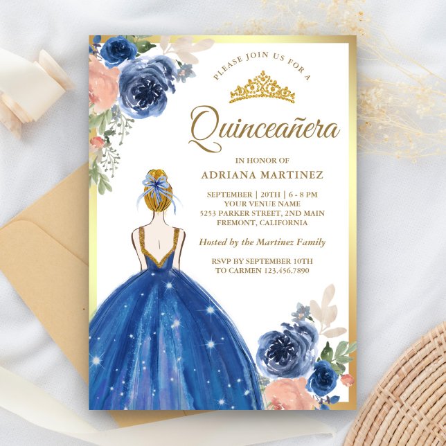 Royal Blue Blommigt Dress Princess Guld Quinceaner Inbjudningar (Skapare uppladdad)