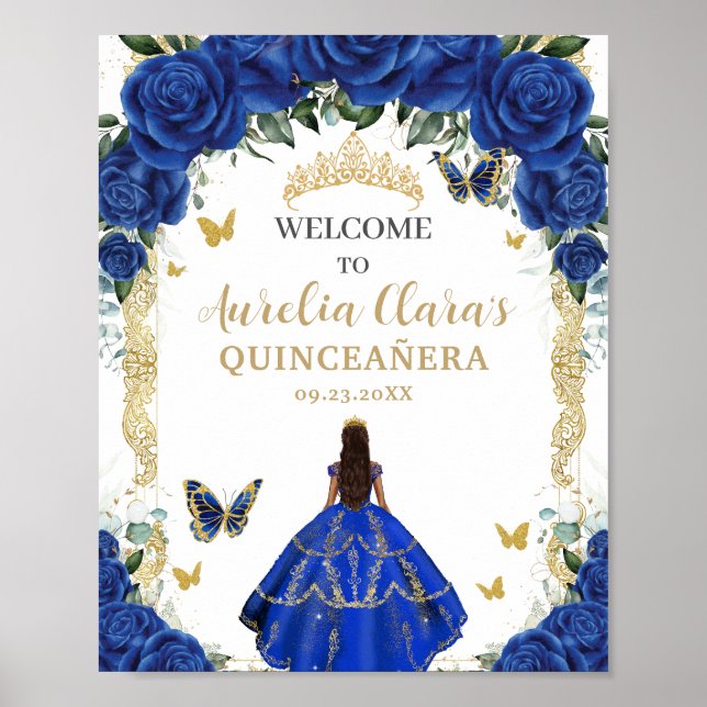 Royal Blue Blommigt Dress Quinceañera Vintage Guld Poster (Framsidan)