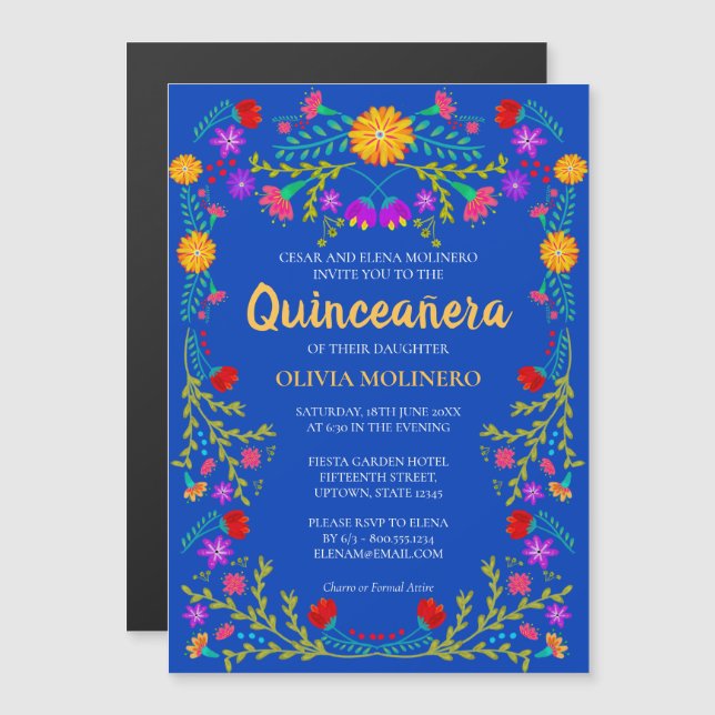 Royal Blue Blommigt Folk Art Mexican Quinceanera Magnetisk Inbjudningskort (Fram/baksida)