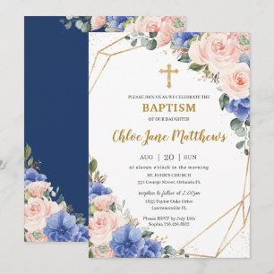 Royal Blue Blommigt Guld Baptism Christening Inbjudningar