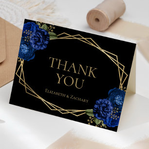 Royal Blue Blommigt Guld Geometric Black Bröllop Tack Kort
