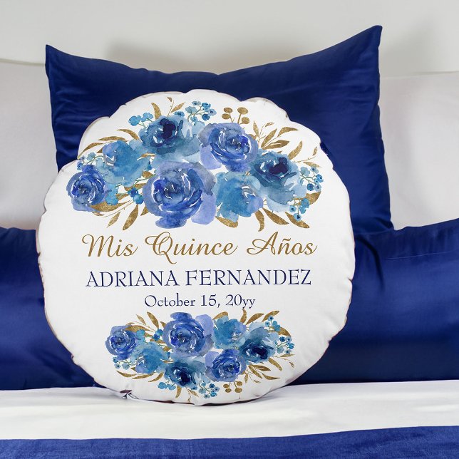 Royal Blue Blommigt Guld Löv Quinceanera Keepsaké Rund Kudde (Blue floral personalized pillow from my Rose and Gold Leaf quinceanera collection)